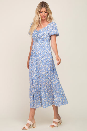 Blue Floral Sweetheart Drawstring Neck Short Sleeve Midi Dress