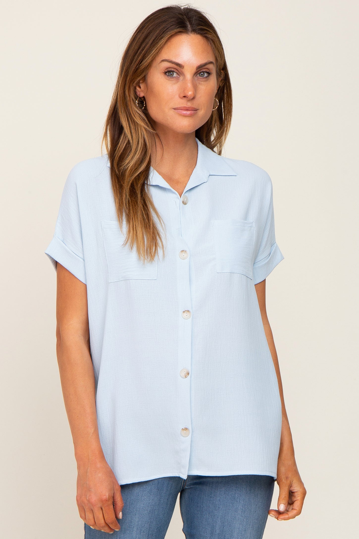 Light Blue Collared Button-Down Short Sleeve Blouse