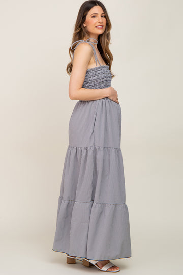 Black Gingham Smocked Shoulder Tie Tiered Maternity Maxi Dress