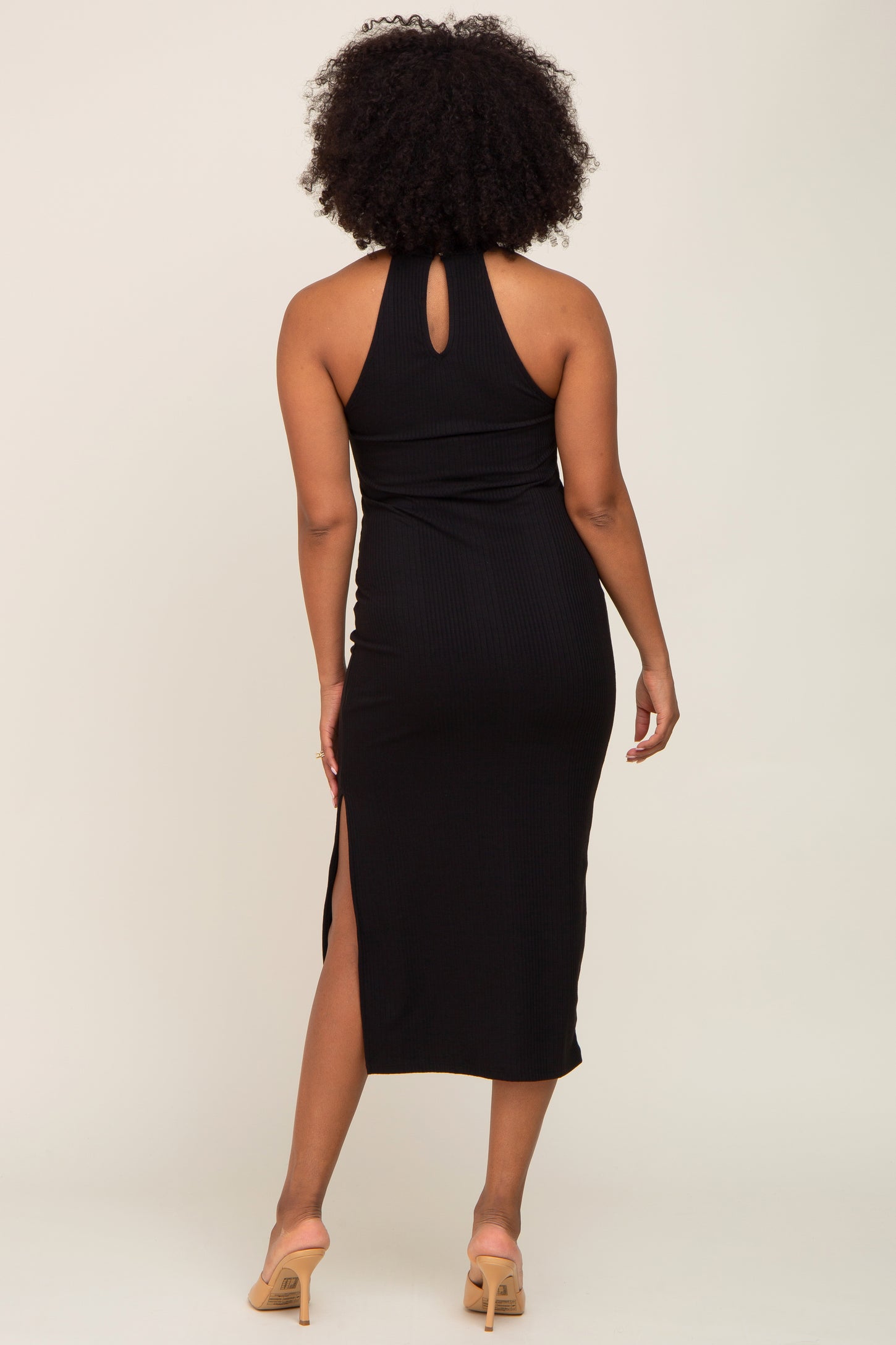 Black Ribbed Mock Neck Sleeveless Side Slit Midi Dress
