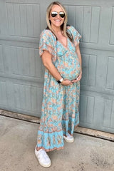 Aqua Floral Print Wrap V-Neck Maternity Midi Dress