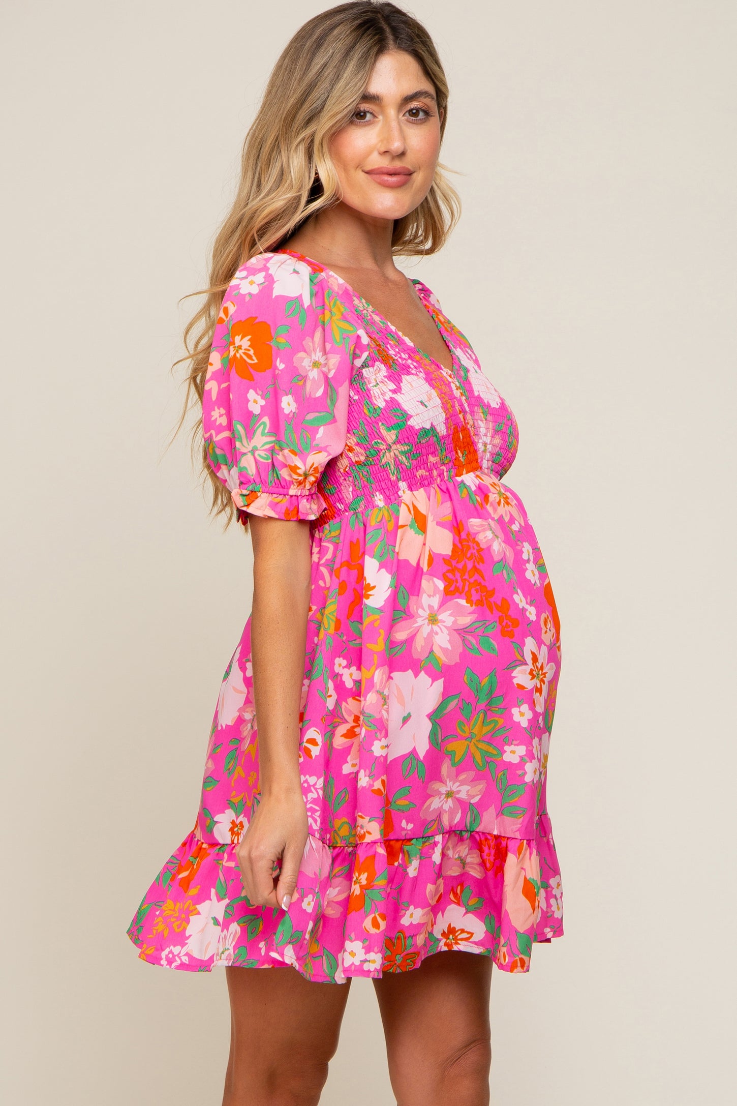 Fuchsia Floral Smocked Puff Sleeve Maternity Dress