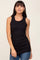 woman wearing a black ribbed tank top with a scoop neckline and fitted style