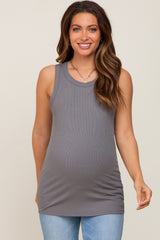 woman wearing a gray ribbed maternity tank top, showing a baby bump, paired with blue jeans