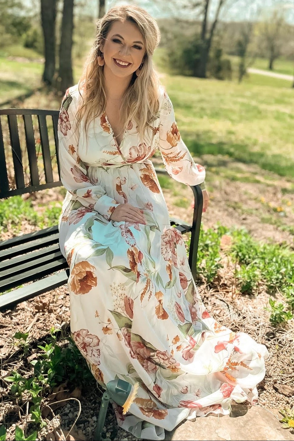 Ivory Floral Chiffon Long Sleeve Maxi Dress