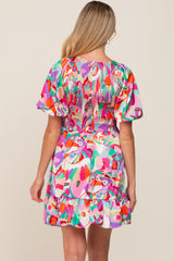 Multi-Color Satin Smocked V-Neck Maternity Dress