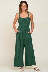 Green Smocked Square Neck Sleeveless Linen Jumpsuit