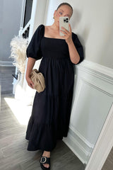 Black Square Neck Smocked Tiered Maternity Maxi Dress