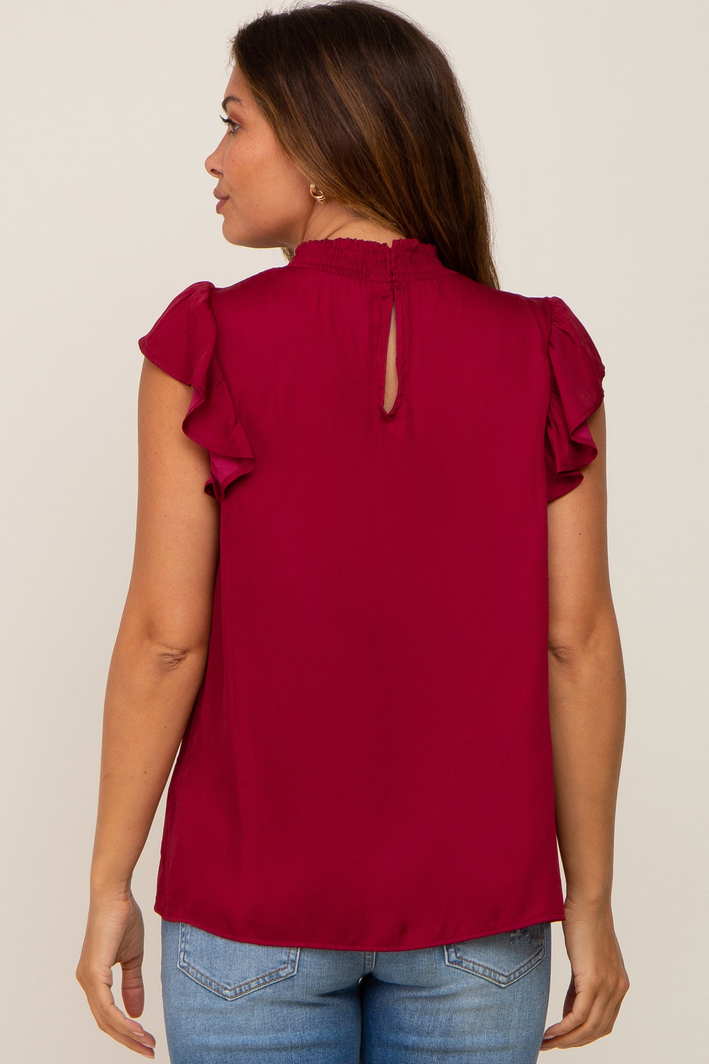 Burgundy Mock Neck Flutter Maternity Blouse