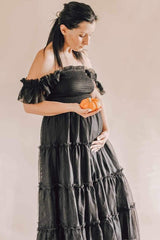 Black Smocked Mesh Ruffle Accent Maternity Midi Dress