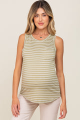 Light Olive Sleeveless Striped Pocket Front Top