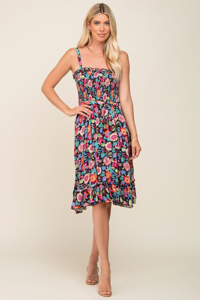 Black Floral Sleeveless Ruffled Maternity Dress