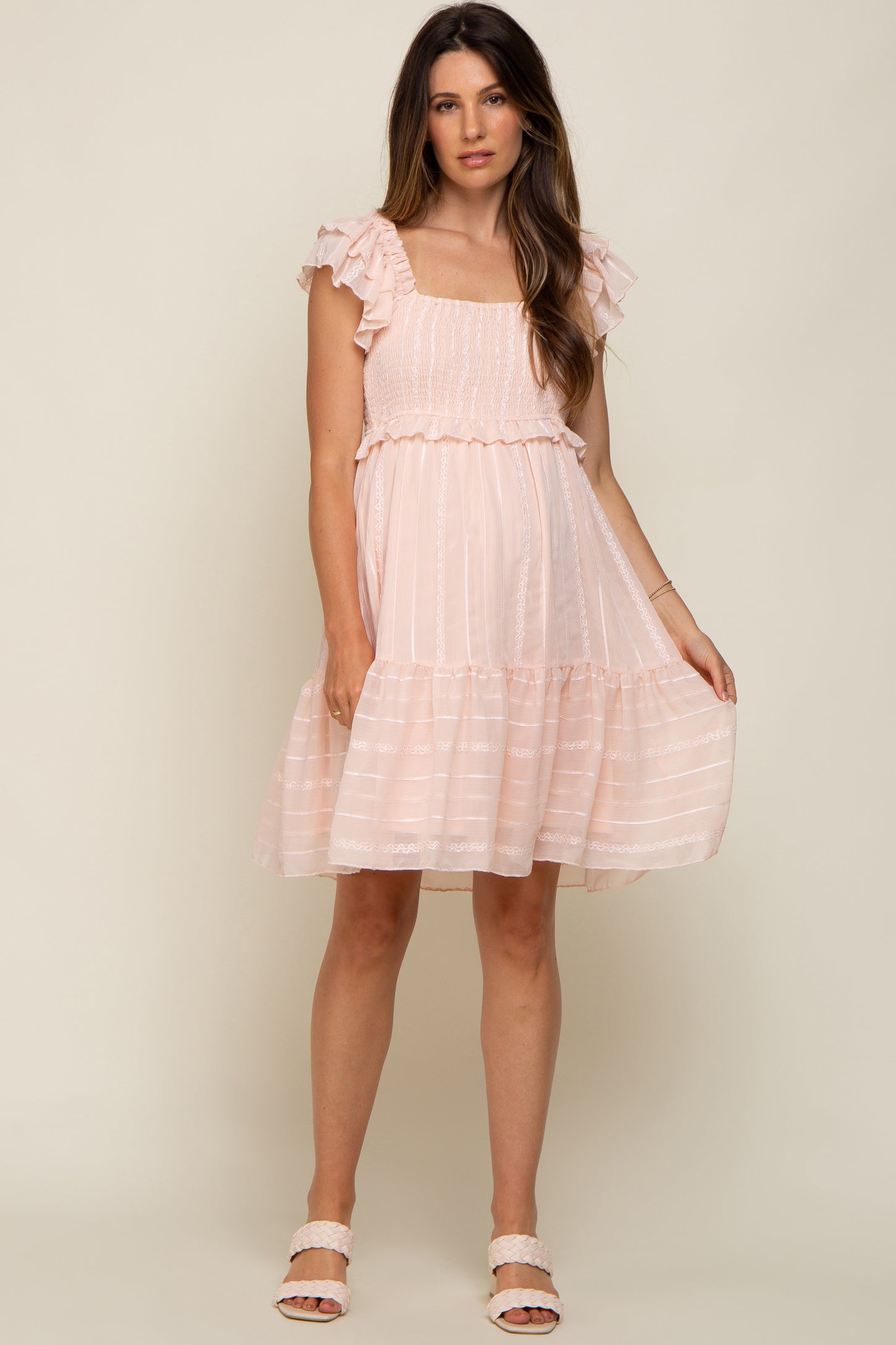 Light Pink Striped Trim Layered Flounce Sleeve Maternity Dress