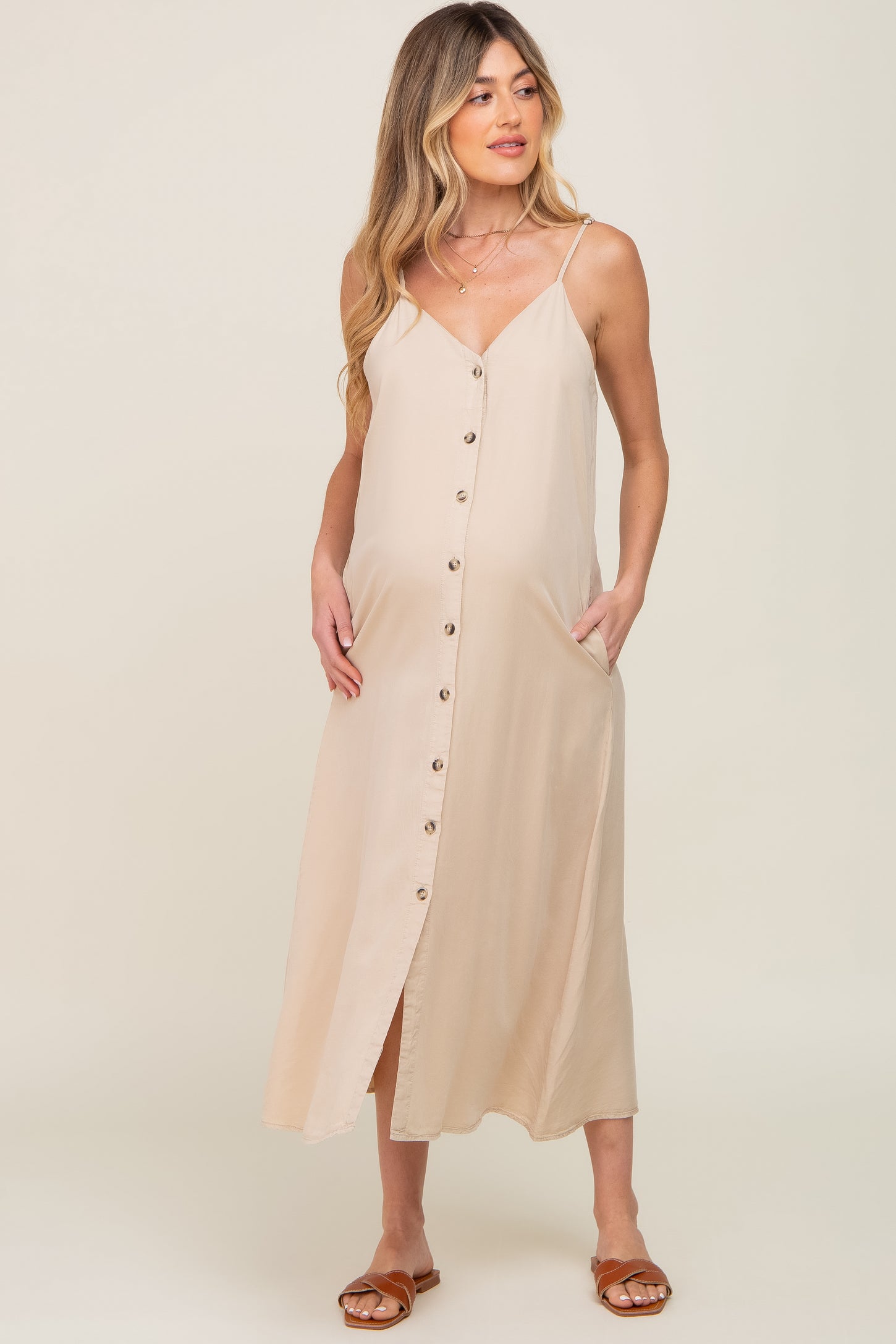 Beige Button Down Maternity Midi Tank Dress