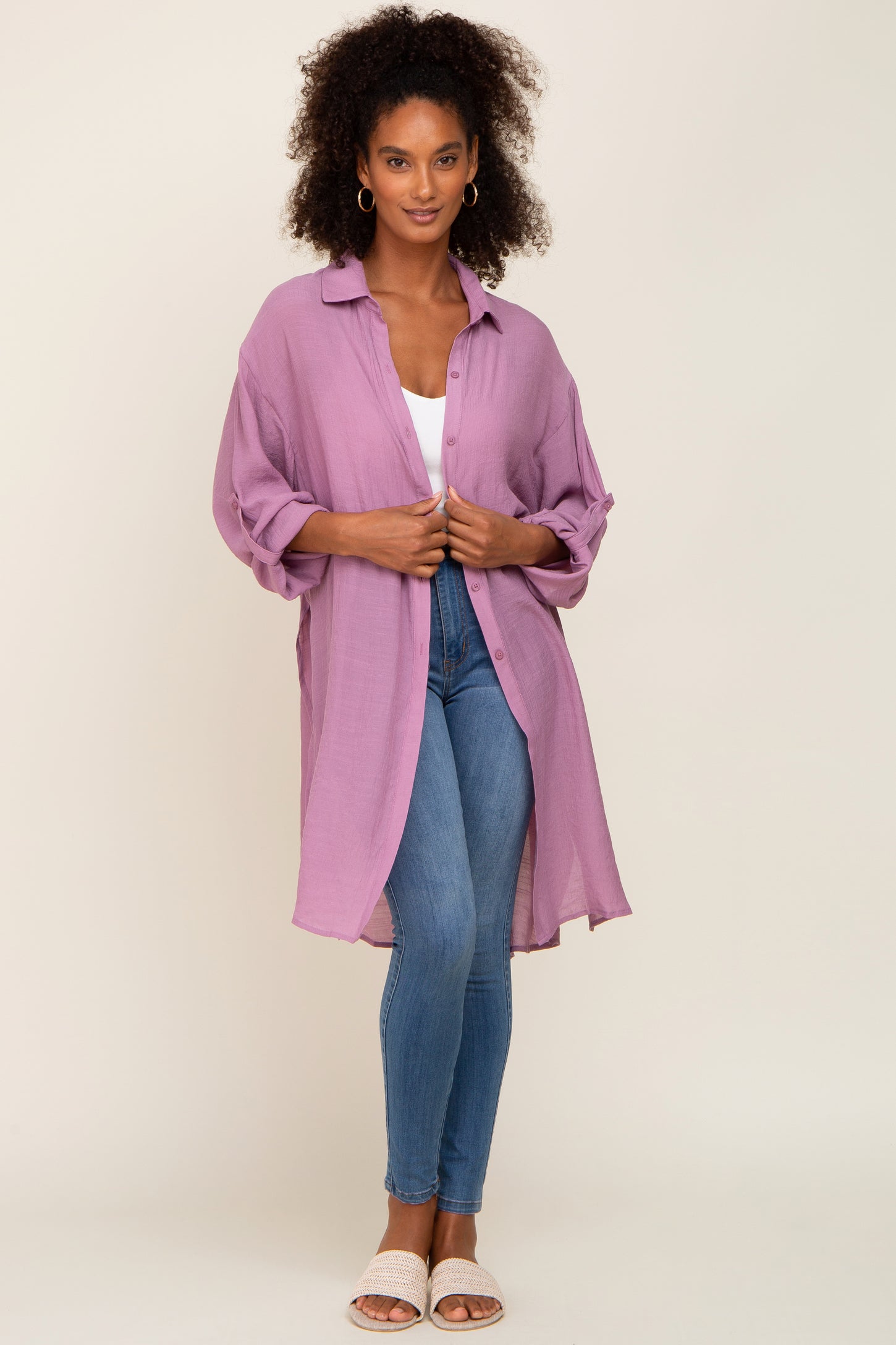 Lilac Button Front Side Slit Oversized Blouse