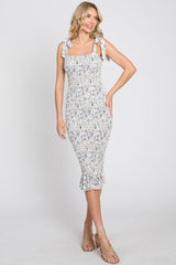 White Floral Smocked Fitted Maternity Dress