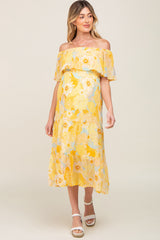 Yellow Floral Flounce Off Shoulder Maternity Midi Dress