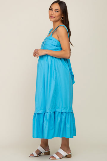 Aqua Pleated Back Tie Maternity Midi Dress