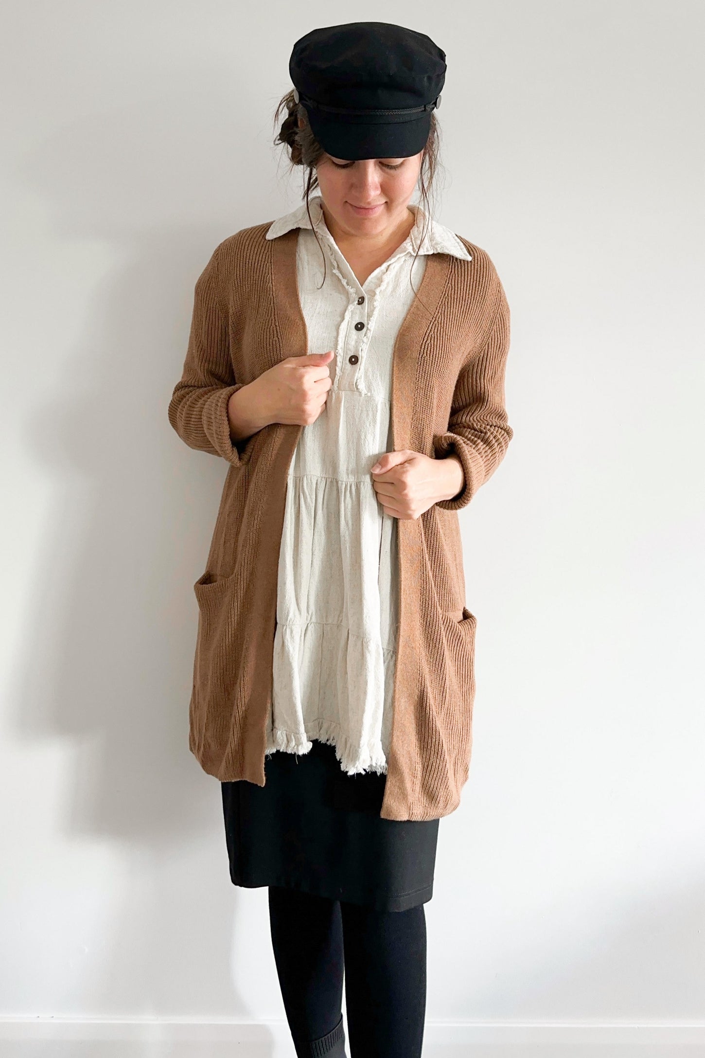 Cream Tiered Collared Linen Dress