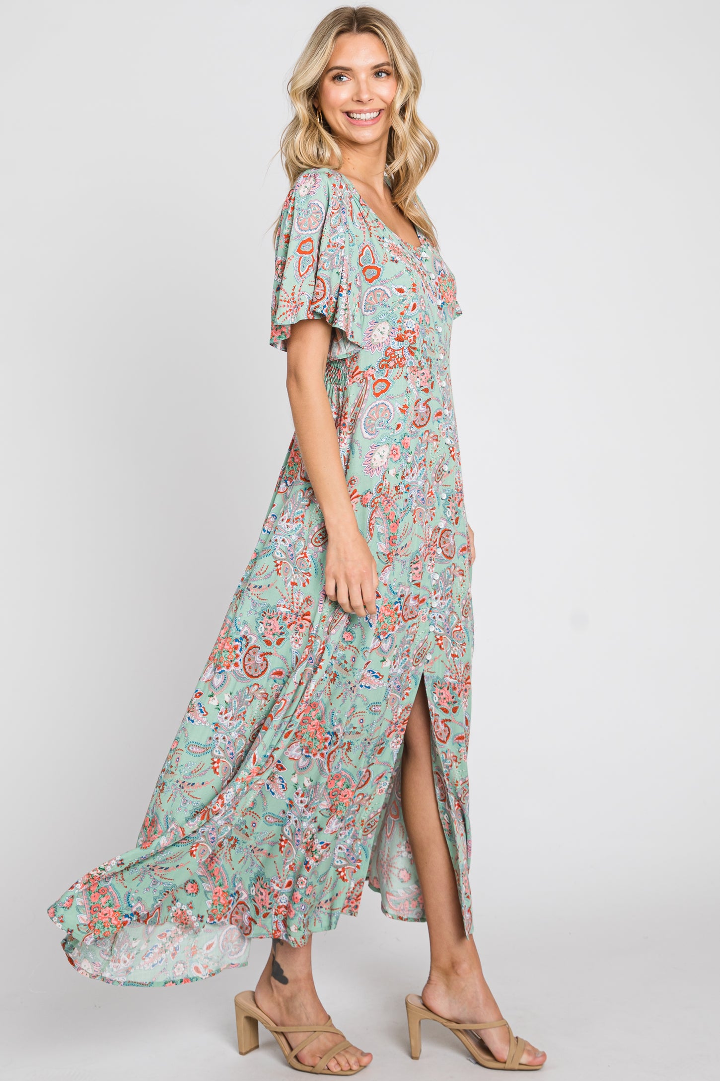 Mint Green Floral Button Front Short Flutter Sleeve Maxi Dress