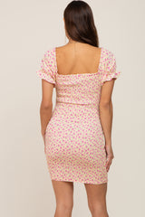 Yellow Floral Smocked Tied Front Ruffle Short Sleeve Maternity Dress
