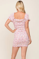Mint Green Floral Smocked Tied Front Ruffle Short Sleeve Dress