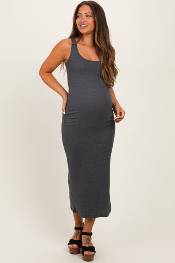 Charcoal Ribbed Basic Maternity Maxi Dress