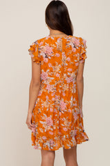 Orange Floral Flutter Sleeve Maternity Babydoll Dress