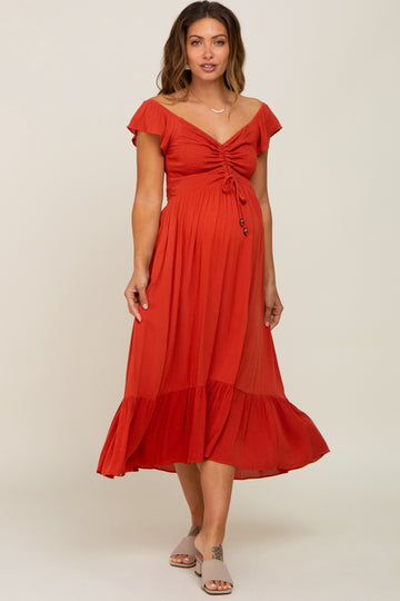 Rust Smocked Ruched Ruffle Hem Maternity Maxi Dress