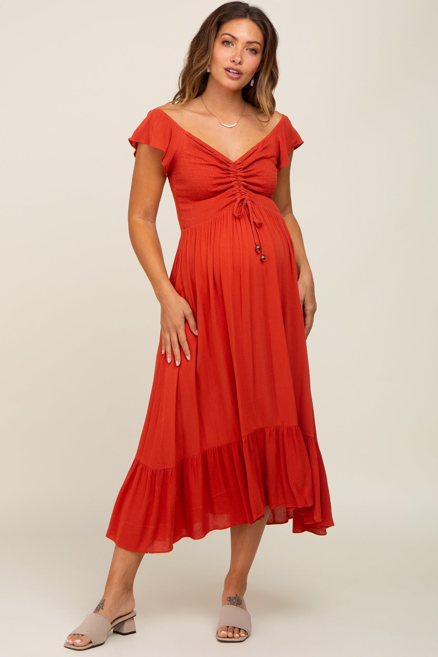 Rust Smocked Ruched Ruffle Hem Maternity Maxi Dress
