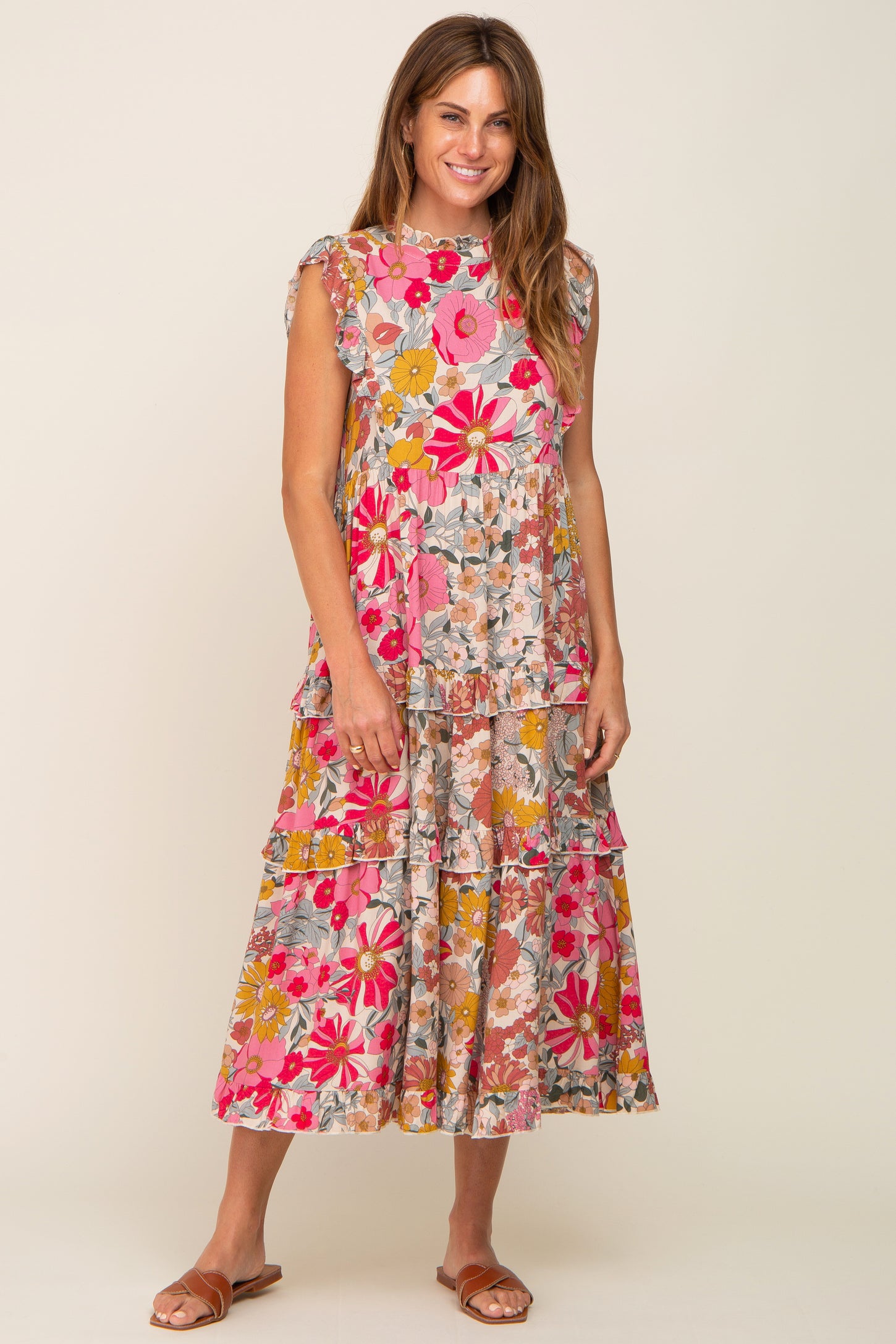 Pink Retro Floral Ruffle Tiered Midi Dress
