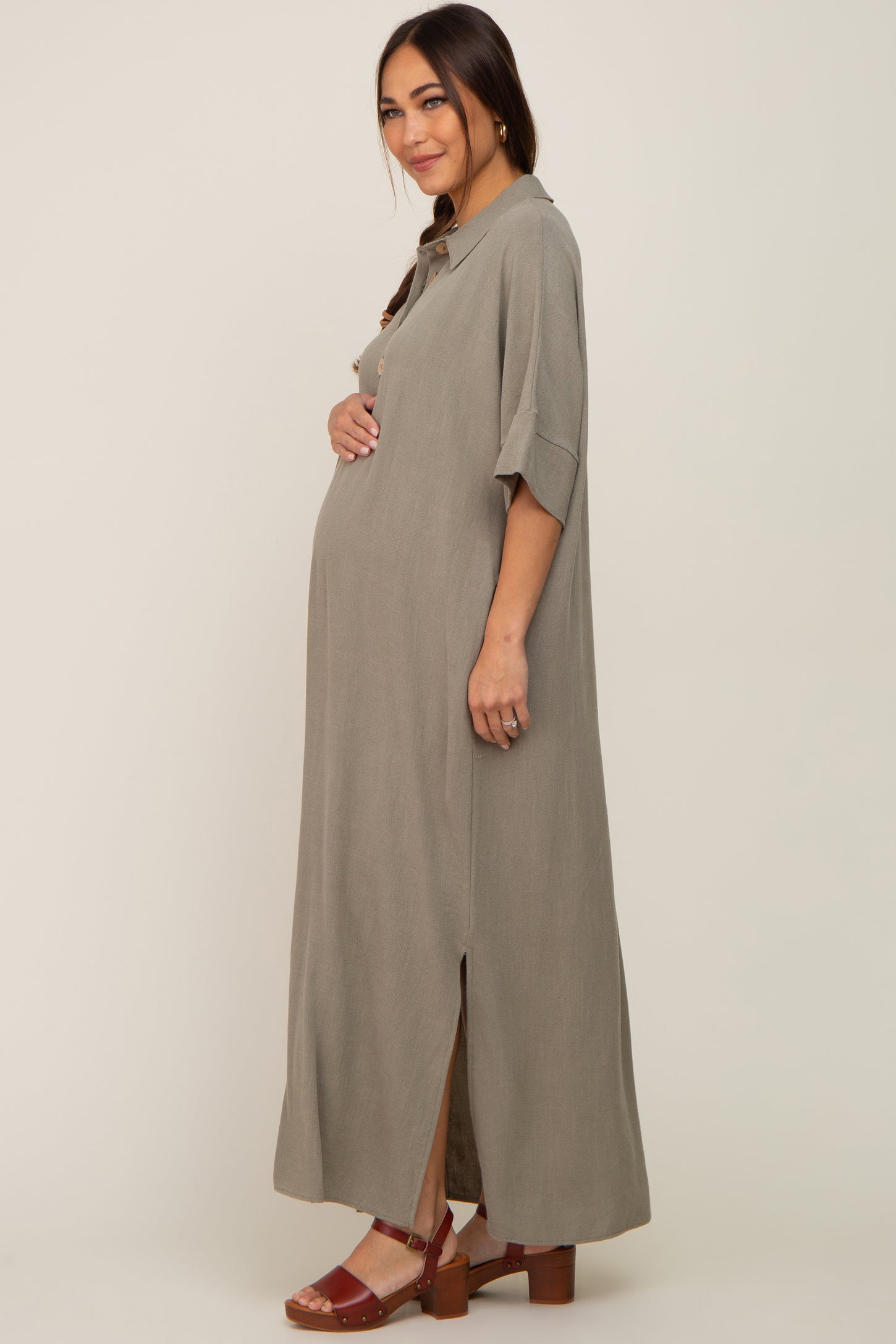 Olive Collared Linen Maternity Maxi Dress