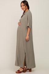 Olive Collared Linen Maternity Maxi Dress