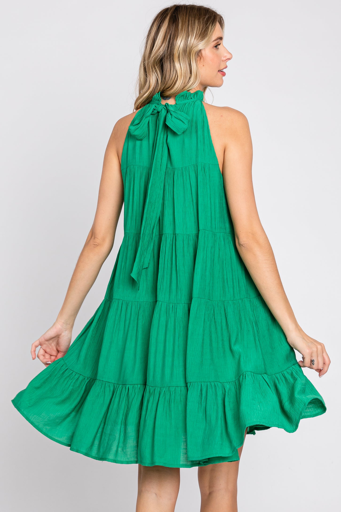 Green Ruffle Mock Neck Tiered Dress