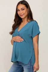 Teal Oversized V-Neck Maternity Blouse