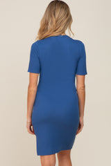 Blue Ribbed Basic Short Sleeve Maternity Dress