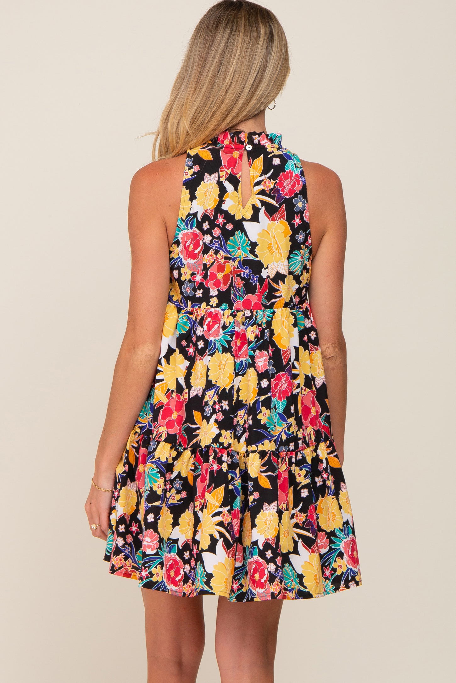 Black Floral Mock Neck Tiered Maternity Dress