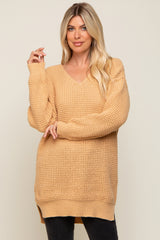 Peach Chunky Knit V-Neck Side Slit Long Maternity Sweater