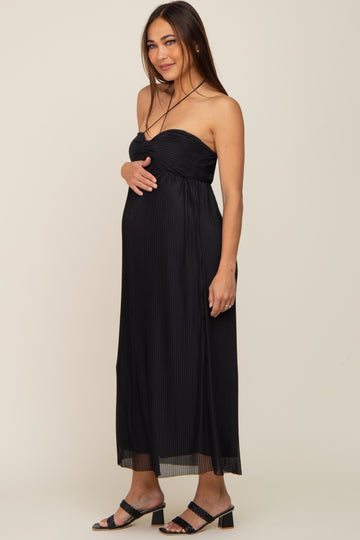 Black Pleated Cross Front Halter Maternity Midi Dress