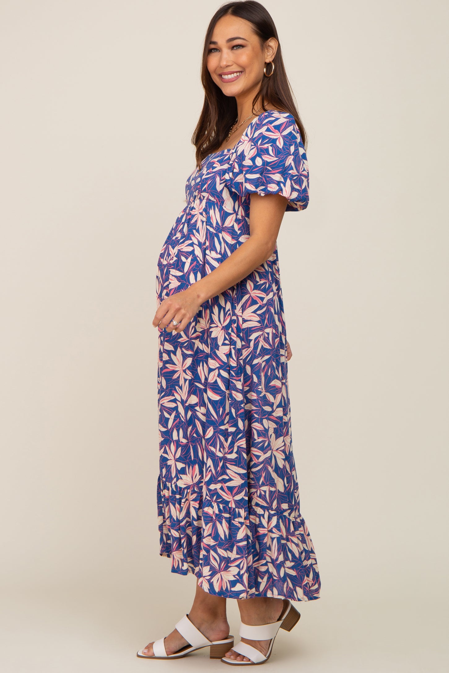 Blue Floral Puff Sleeve Maternity Midi Dress