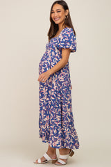 Blue Floral Puff Sleeve Maternity Midi Dress