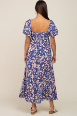 Blue Floral Puff Sleeve Maternity Midi Dress