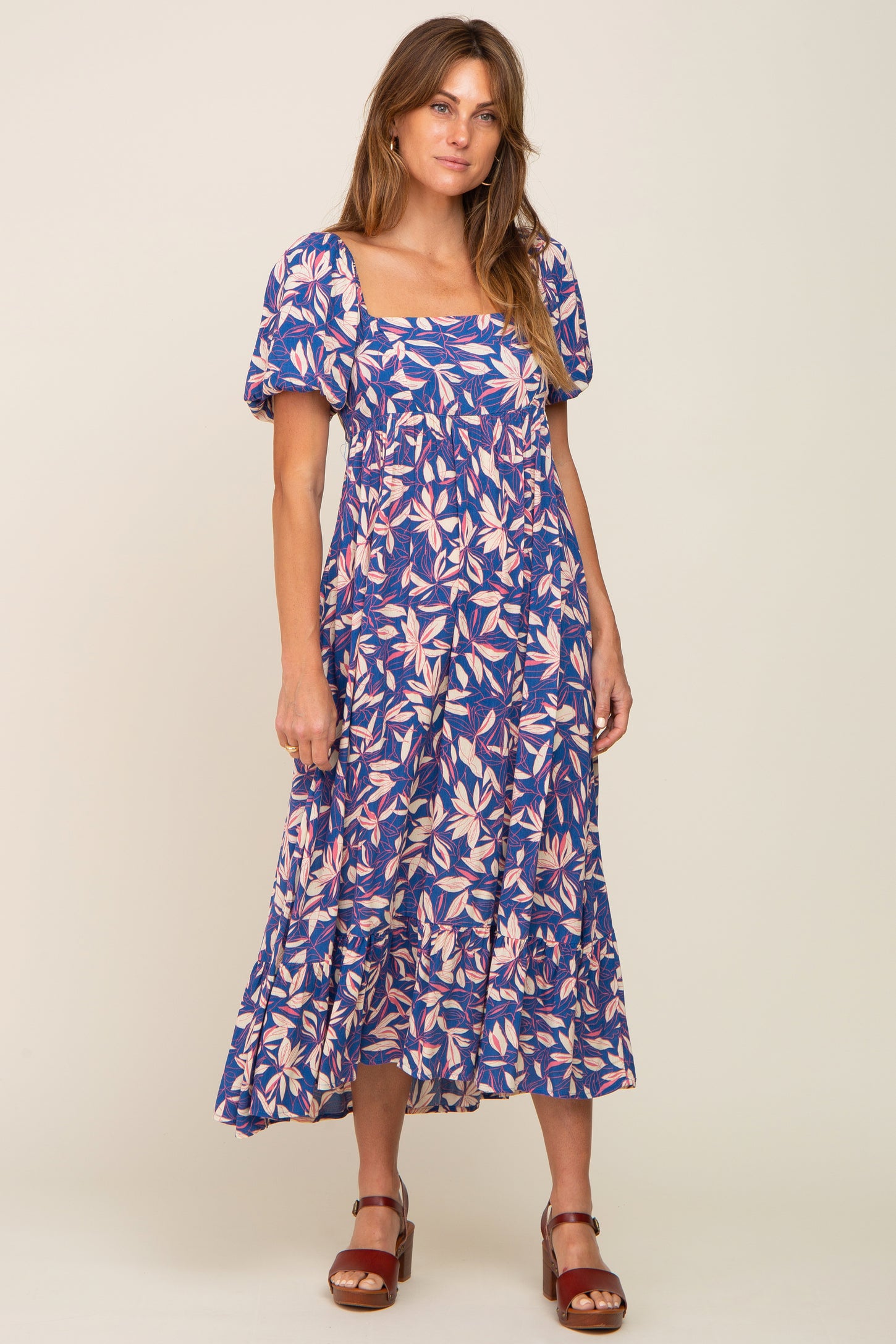 Blue Floral Puff Sleeve Maternity Midi Dress