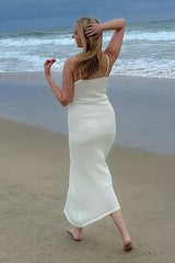 White Open Knit Crochet Midi Dress