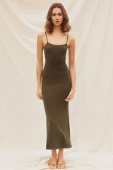 Olive Ribbed Basic Maternity Midi Dress