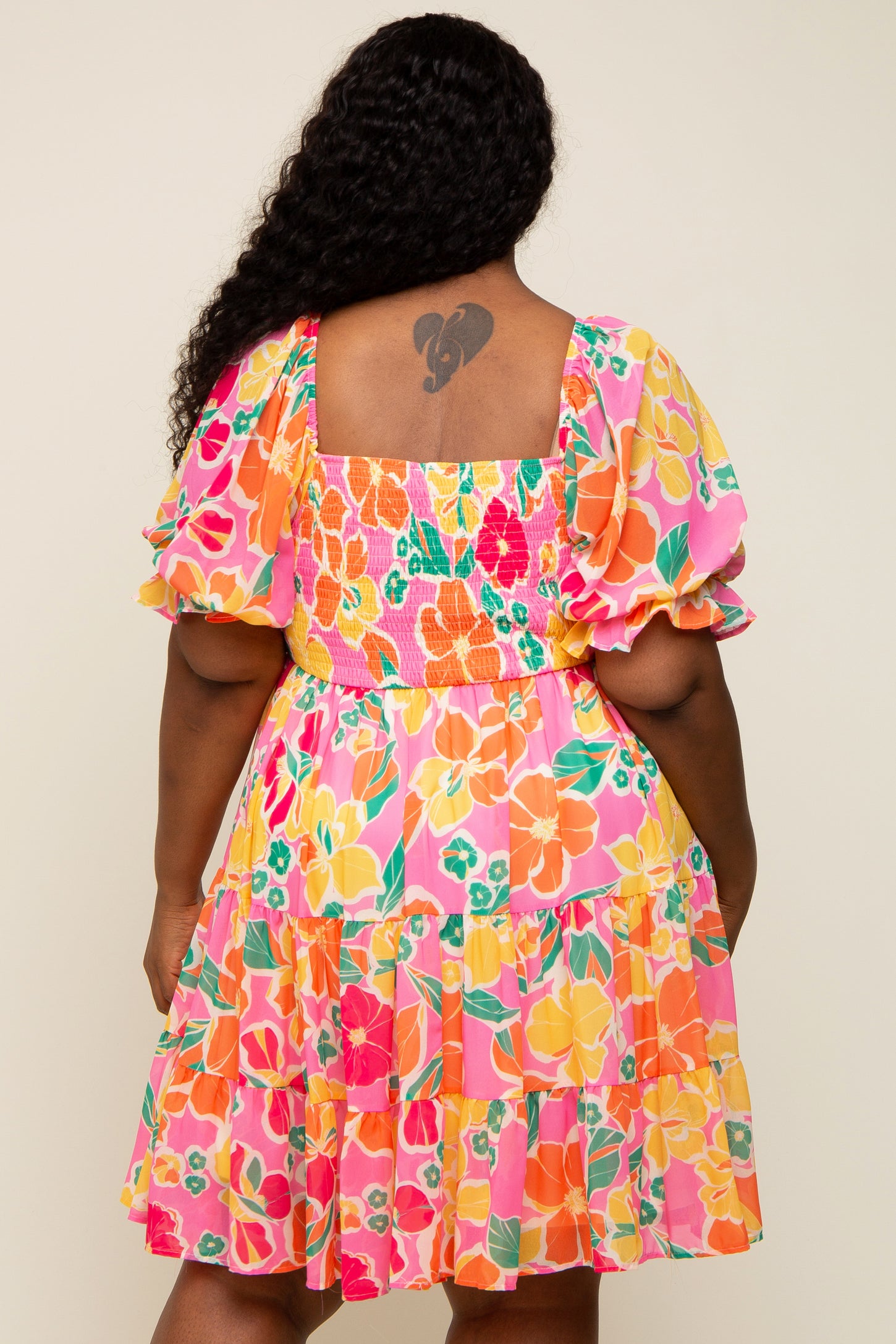Pink Floral Puff Sleeve Plus Dress