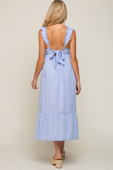 Light Blue Ruffle Accent Back Tie Maternity Midi Dress