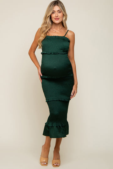 Forest Green Satin Smocked Fitted Maternity Maxi Dress