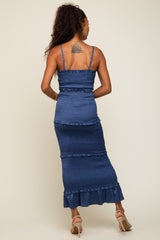 Blue Satin Smocked Fitted Maxi Dress