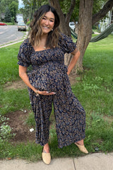 Navy Floral Smocked Maternity Jumpsuit